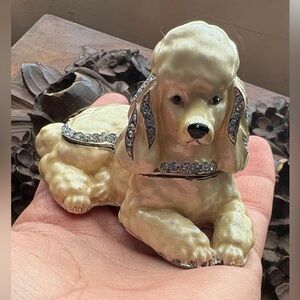 Elegant Cream Poodle embellished w blue rhinestones, hinged trinket box